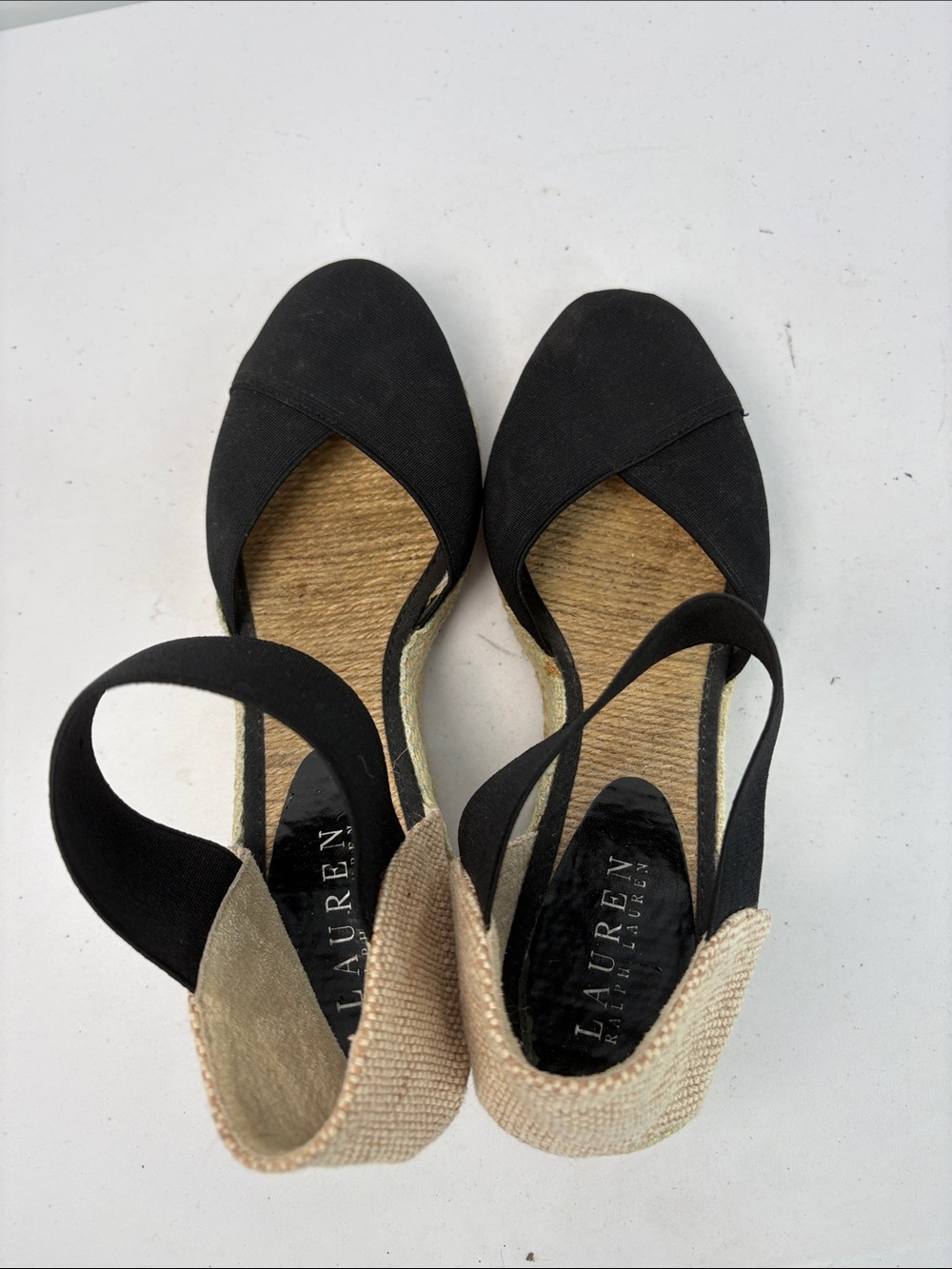 👟 Lauren Ralph Lauren Black and Beige Wedge Espadrille Sandals - Picture 5 of 7